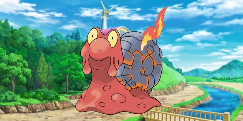 Pokémon Magcargo in front of Professor Oak's Laboratory.