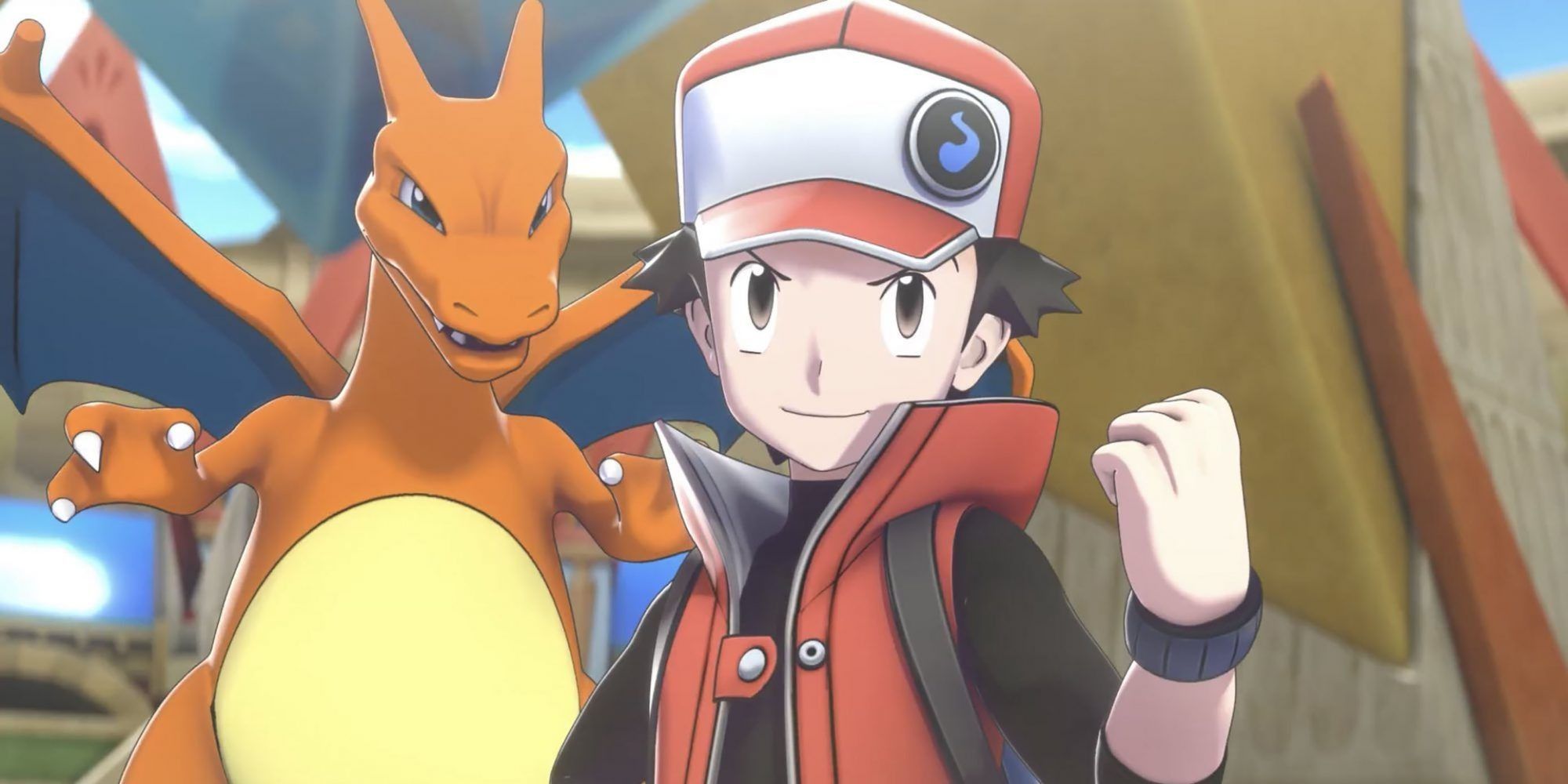 Red In Pokemon Masters parado na frente de um Charizard.