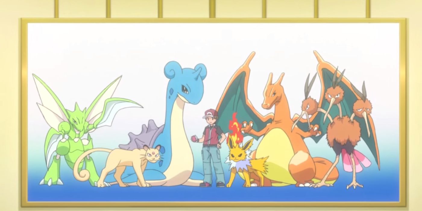 Red pictured with his Elite Four championship team in the Pokémon Origins anime.