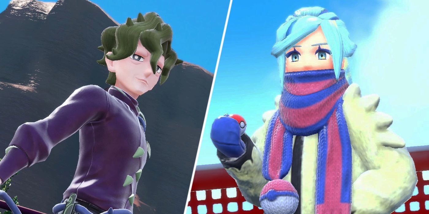 A diagonally split image showing two of Pokémon Scarlet and Violet's Gym Leaders - Brassius on the left and Grusha on the right.