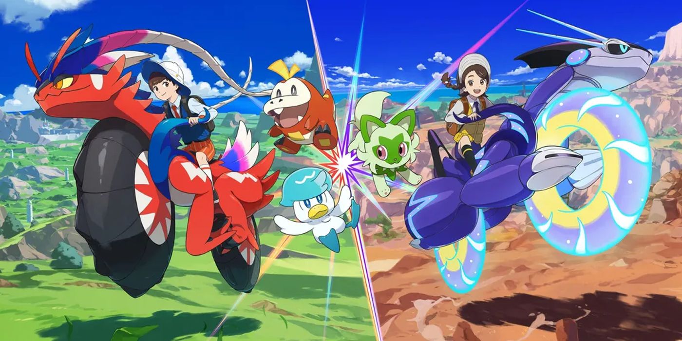 Key art for Pokémon Scarlet and Violet, showcasing the new rideable legendaries and the Gen 9 starters, Sprigatito, Fuecoco, and Quaxly.