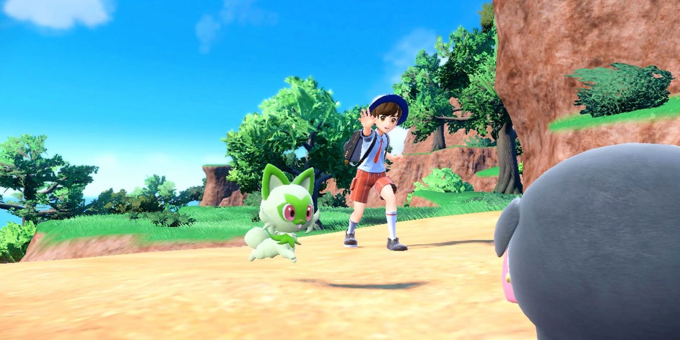 Screenshot of Pokemon Scarlet & Violet Let's Go Battle mode from October update trailer. Player and Pokemon run along the beach