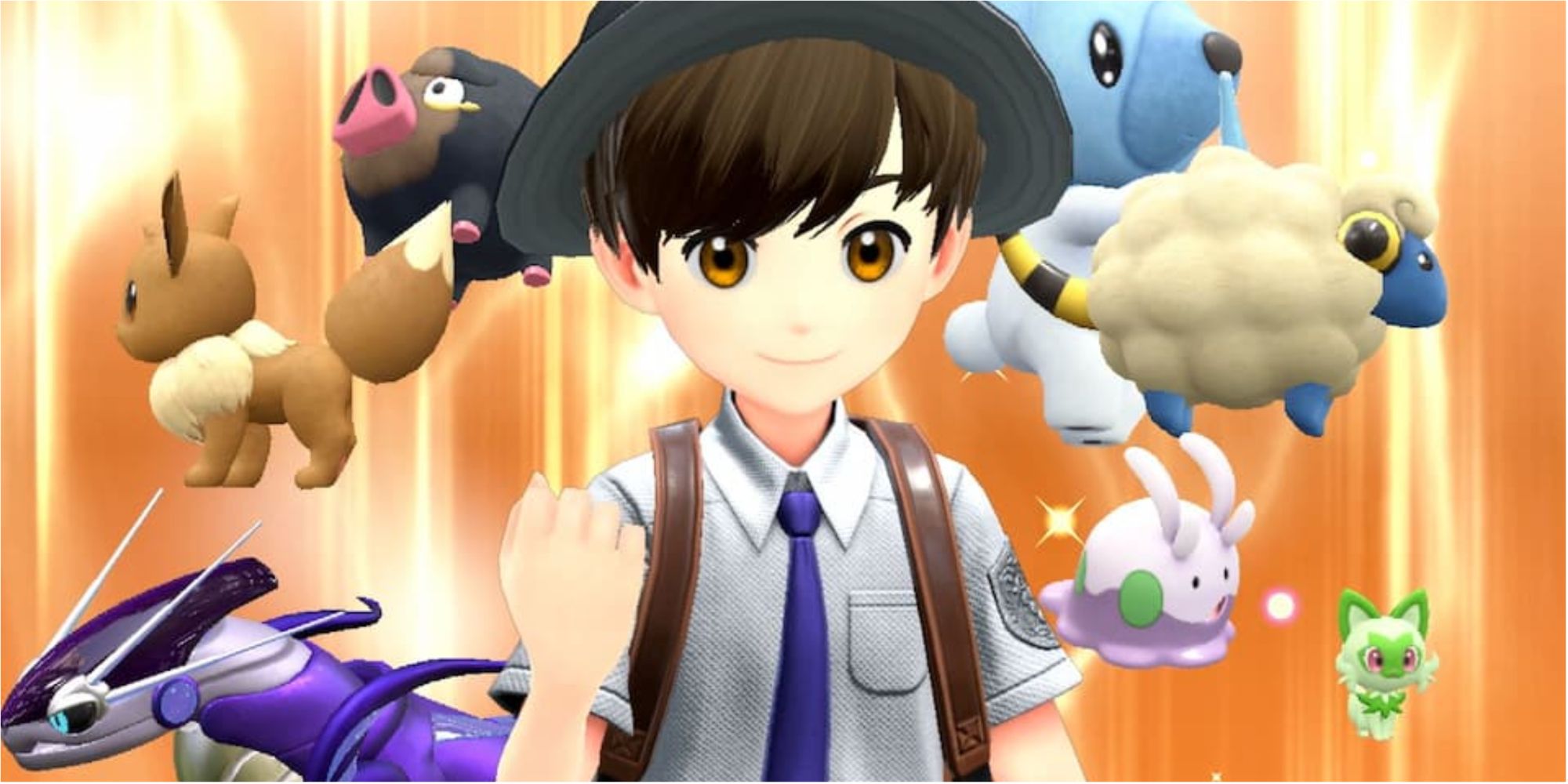 Pokemon Scarlet and Violet protagonist surrounded by Gen 9 Pokemon.