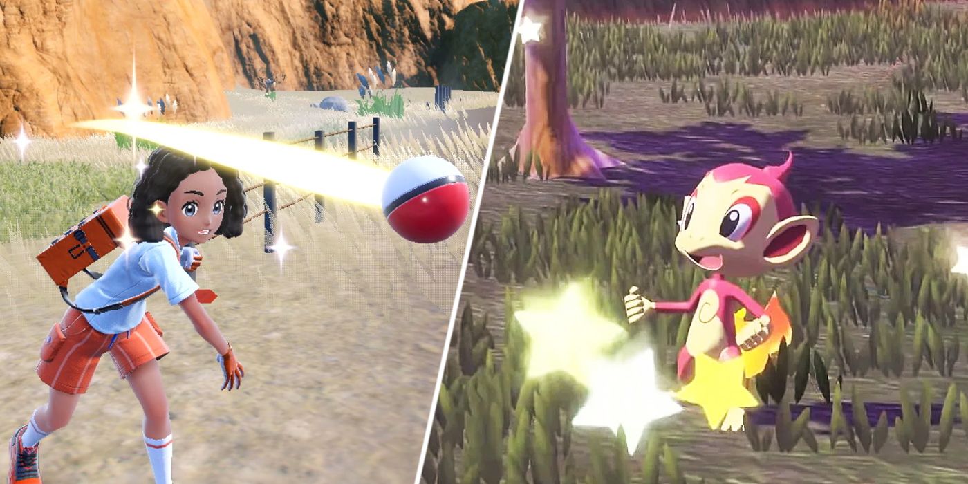 A split image showing a Pokémon trainer throwing a Poké Ball, and a Shiny Chimchar.