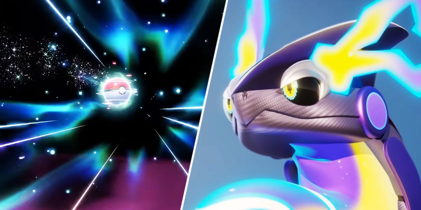 A screenshot of a Poké Ball ball being thrown at Pokémon Scarlet & Violet Legendary Miraidon.
