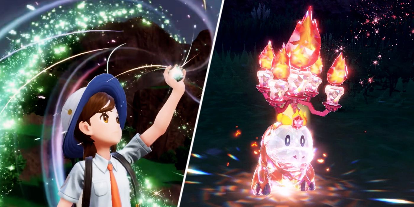 Screenshot of Pokemon Scarlet & Violet Terastal battle mechanic with Gen 9 Starter Fuecoco, which is given a crystalized appearance and a large crown that looks like a chandelier.