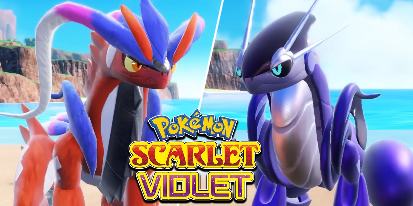 Pokémon Scarlet e Violet's Legendaries, Koraidon e Miraidon ao lado do logotipo dos jogos.