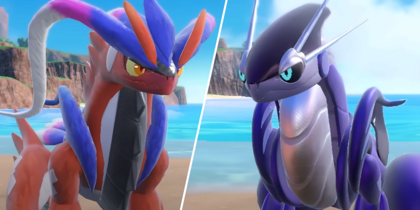 Tangkapan layar Pokemon Scarlet dan Violet Legendaries Koriadon & Miraidon dari trailer gameplay bulan Juni. 