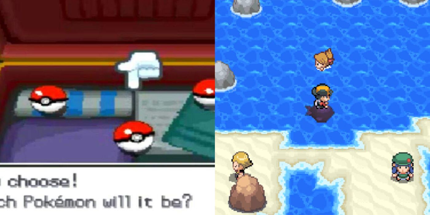 Split image of the Pokémon starter selection screen and using Surf in HeartGold/SoulSilver.