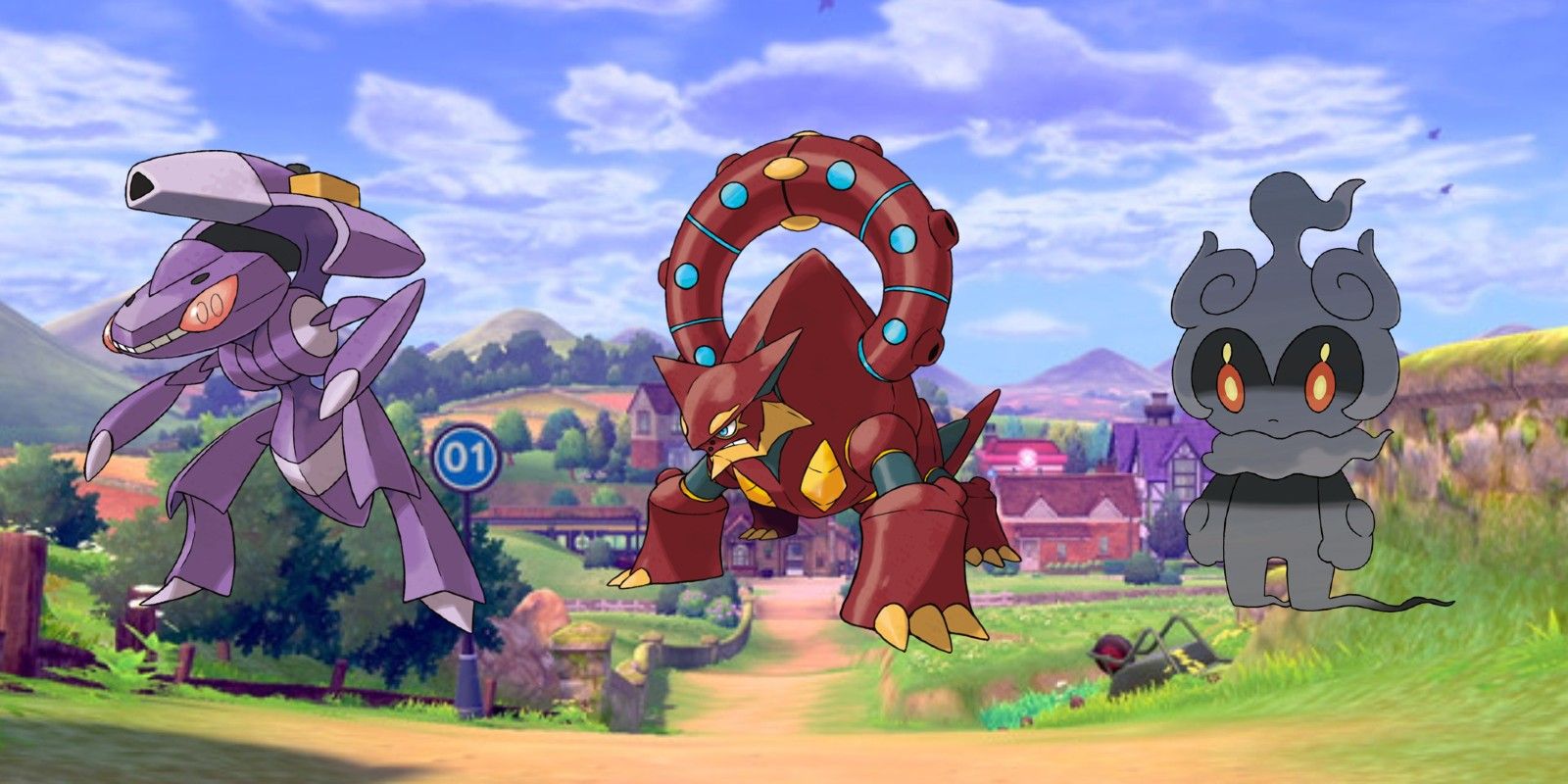 The Mythical Pokémon Genesect, Volcanion, and Marshadow, against a backdrop from Pokémon Sword & Shield.
