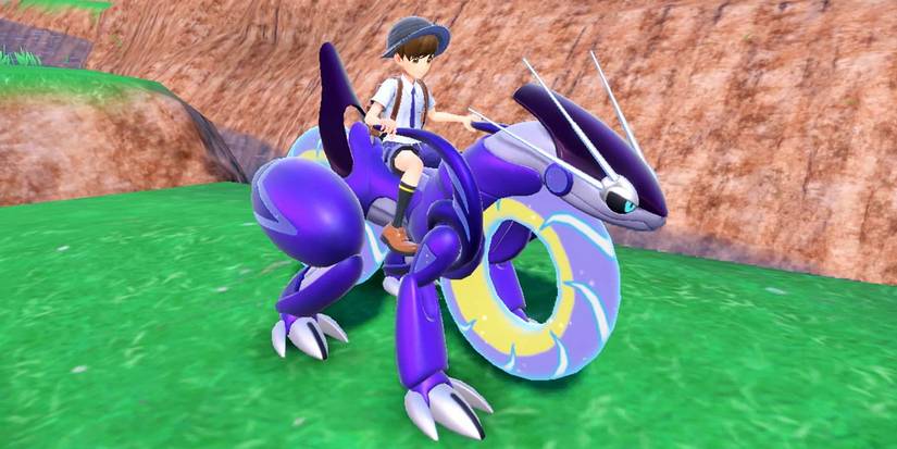 Pokemon Violet's Legendary Miraidon Mount with player on it.