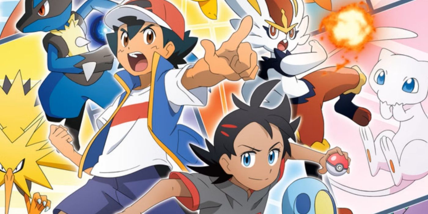 Arte chave de anime com Ash e Goh com uma colagem de Pokémon por trás deles.