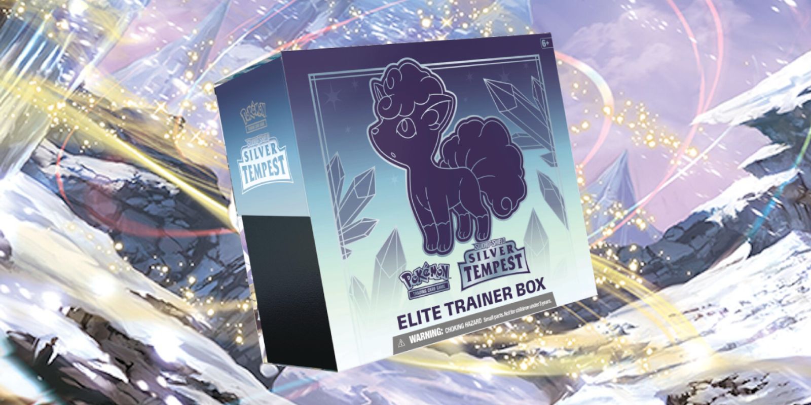The Pokémon TCG Silver Tempest Elite Trainer Box in front of a snowy background.