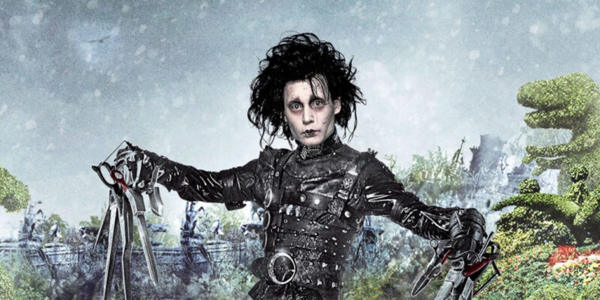 Edward Scissorhands looks upset in the garden