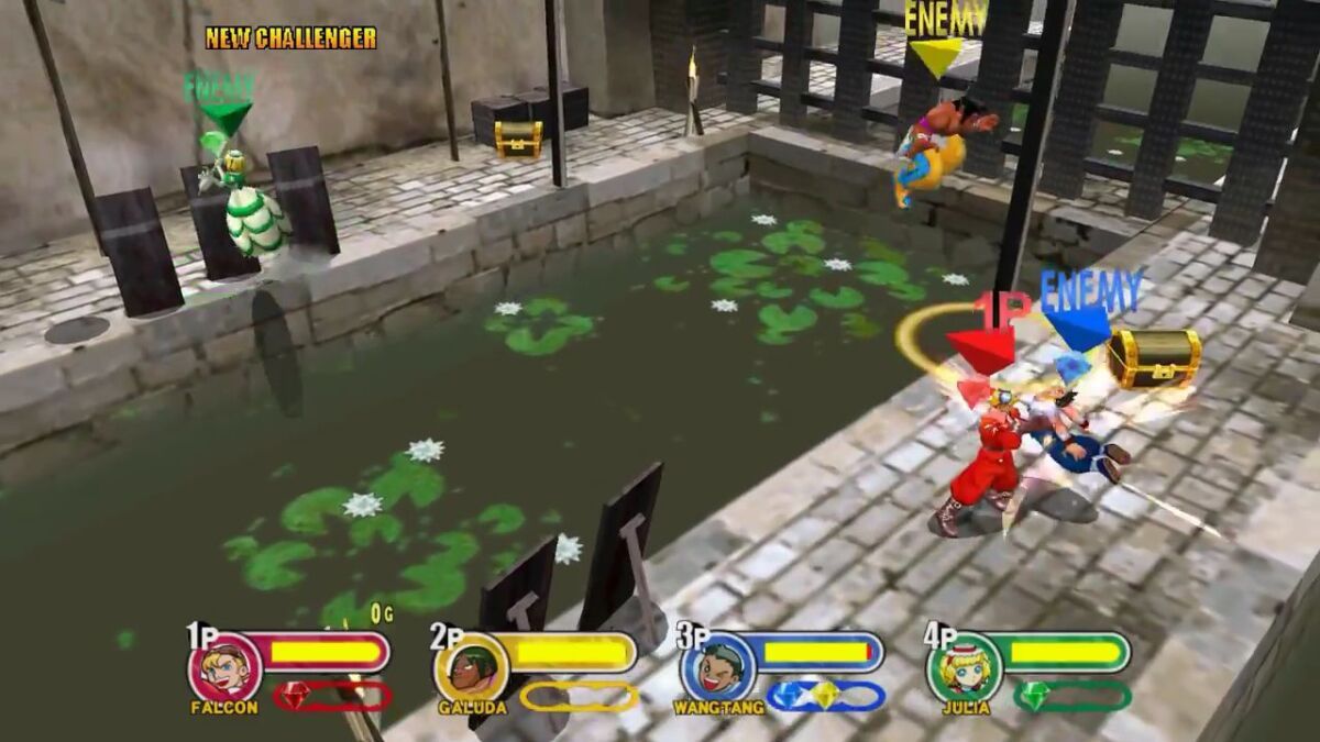 A group of players battle it out in a dungeon in Power Stone