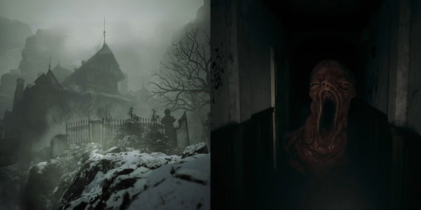 Imagem dividida da Casa Beneviento do lado de fora e o bebê monstruoso no corredor escuro.