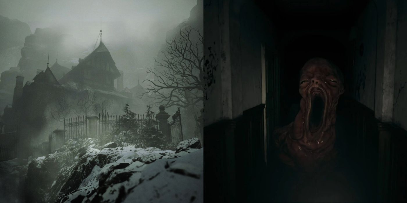 Split image of House Beneviento from the outside and the monstrous baby in the dark hallway.