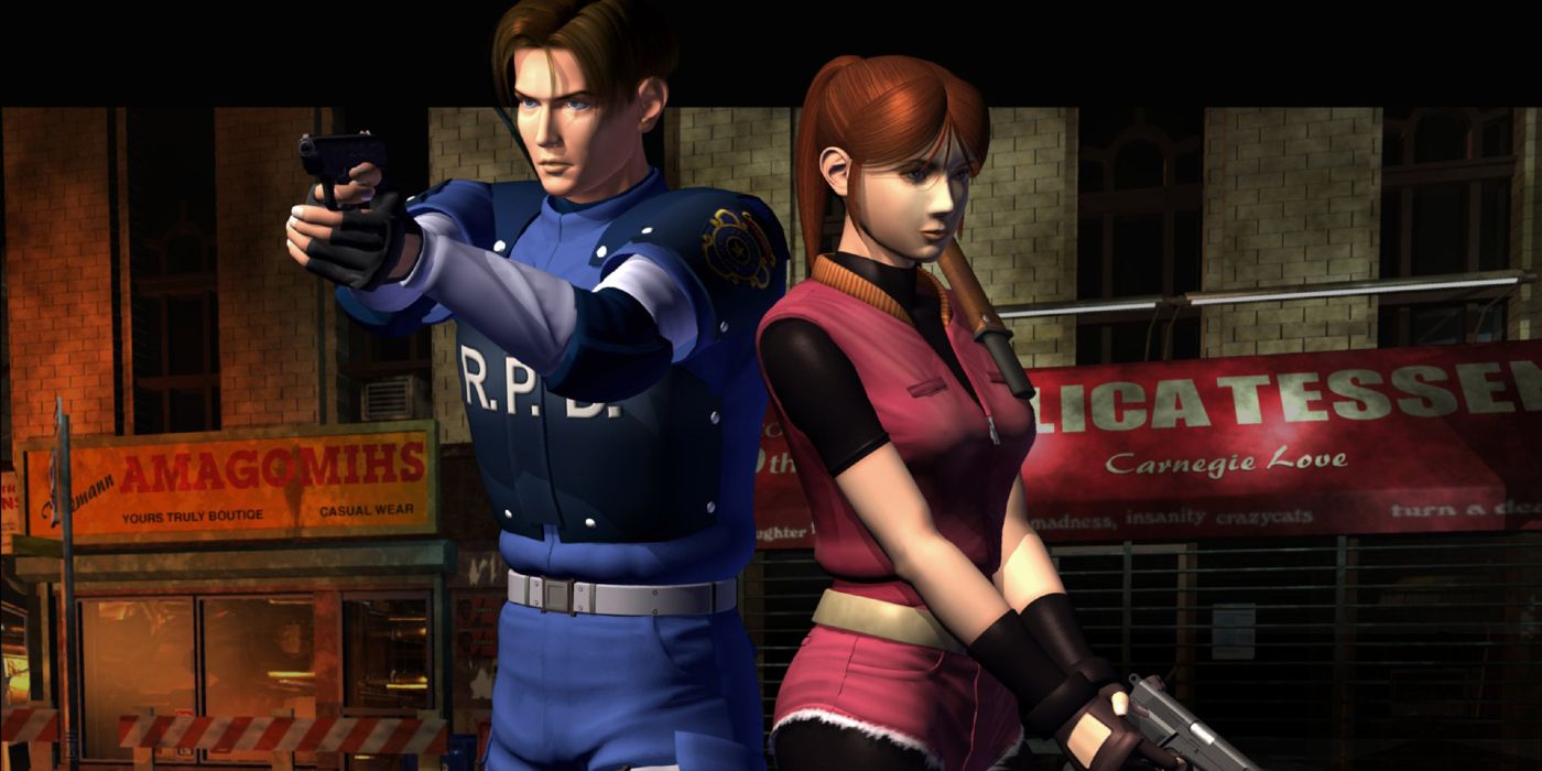 Leon S. Kennedy and Claire Redfield standing side by side in front of one of Raccoon City's streets in the original Resident Evil 2.