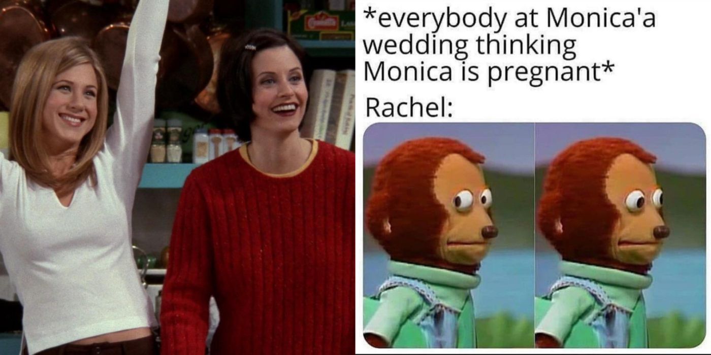 Rachel and Monica in Friends laughing and meme about Rachel being pregnant in Monica's wedding