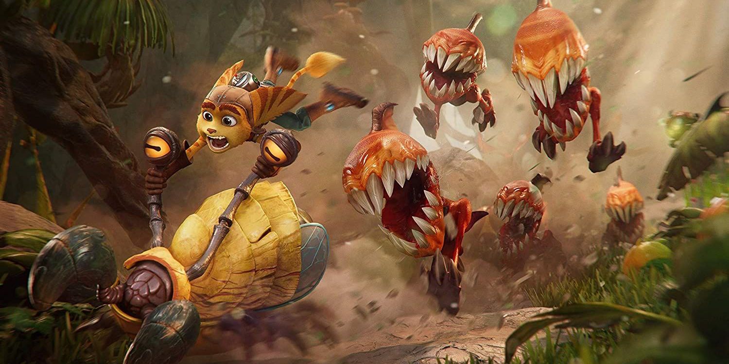 Ratchet holding onto a running monster while others are in pursuit.