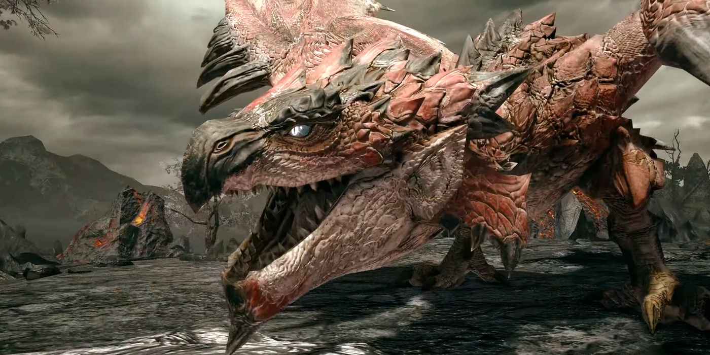 Rathalos Standing in the Lava Caverns Biome in Monster Hunter Rise