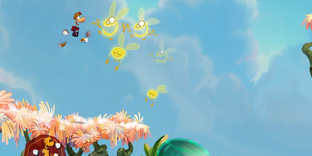 Rayman enthusiastically jumps from a flower to grab some golden Lums.