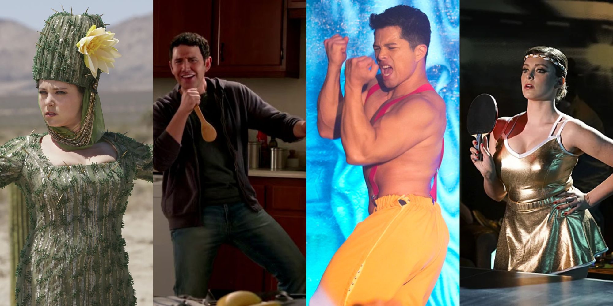 A split image of Rebecca dressed as a cactus, Greg singing into a wooden spoon, Josh Chan dancing, and Rebecca playing ping pong onCrazy Ex Girlfriend