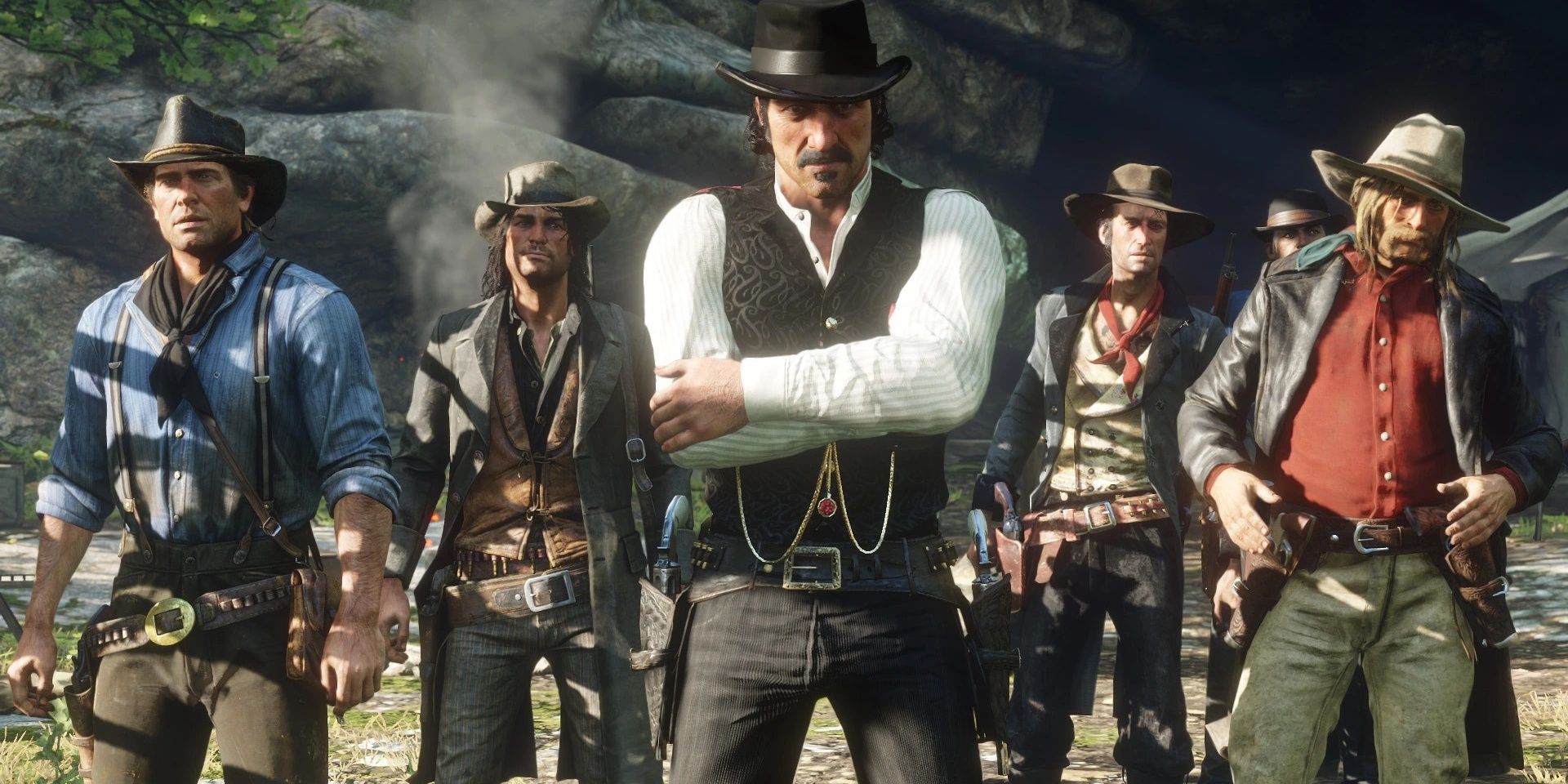 Red Dead Redemption 2 Arthur Morgan and gang stand staring at camera