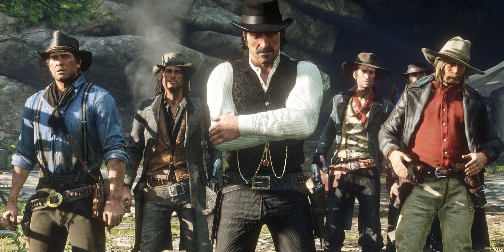 Red Dead Redemption 2 Arthur Morgan e gangue estão olhando para a câmera