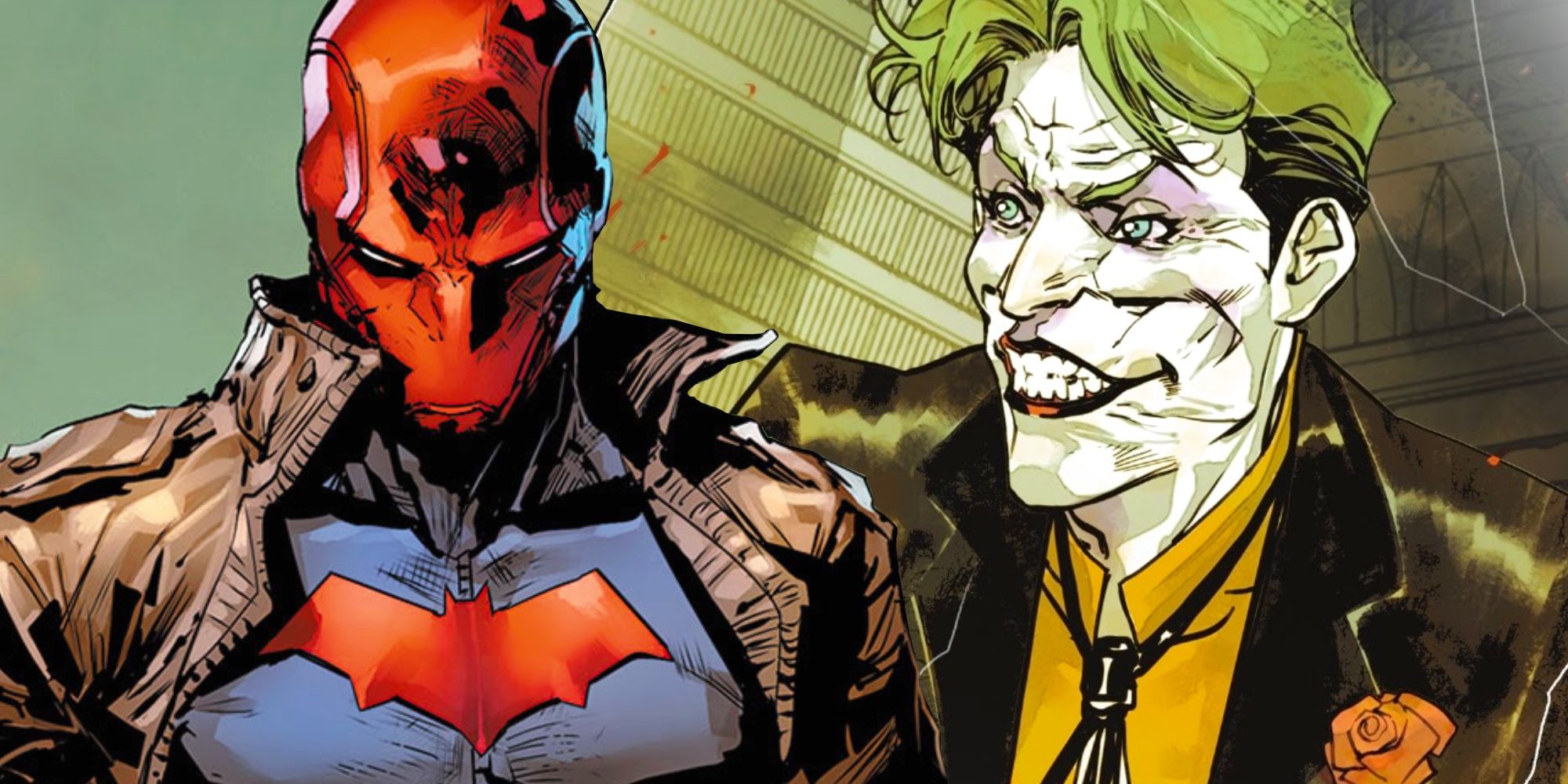 Red Hood and Joker in DC Comics standing next to each other.
