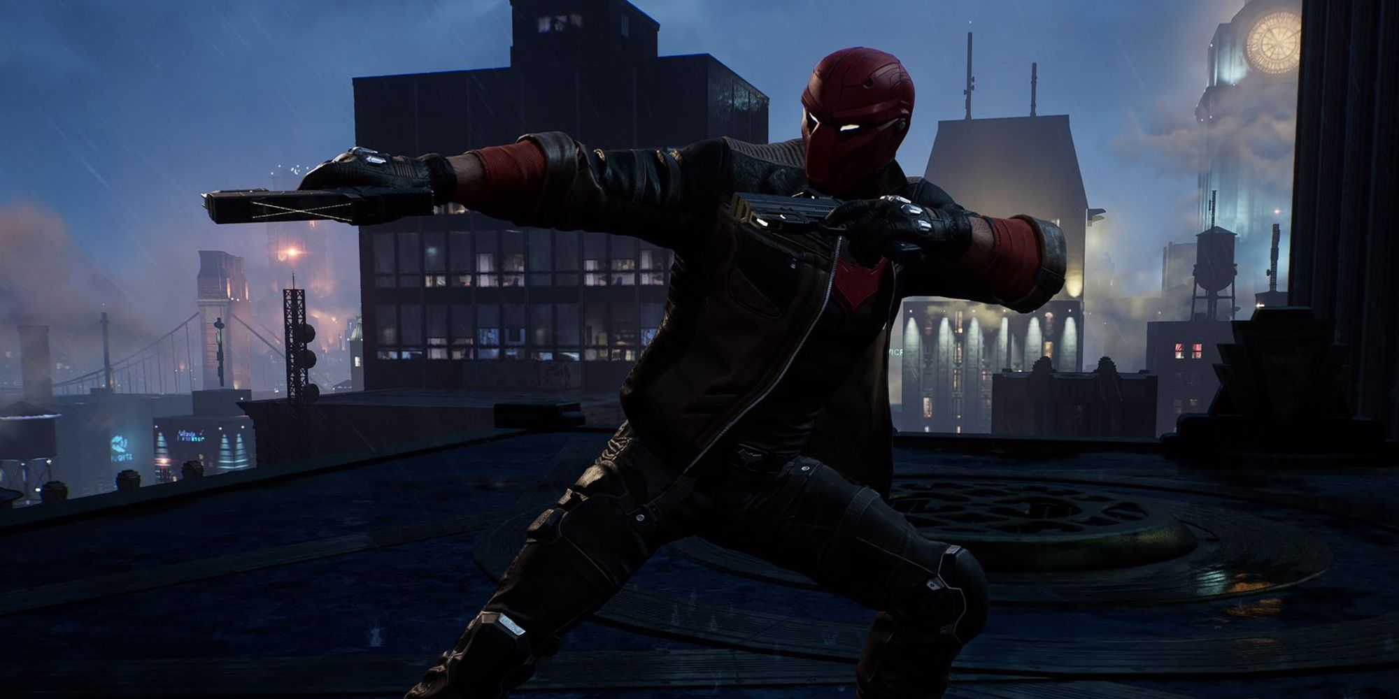 Capuz Vermelho apontando suas pistolas gêmeas em um telhado em Gotham Knights (2022)