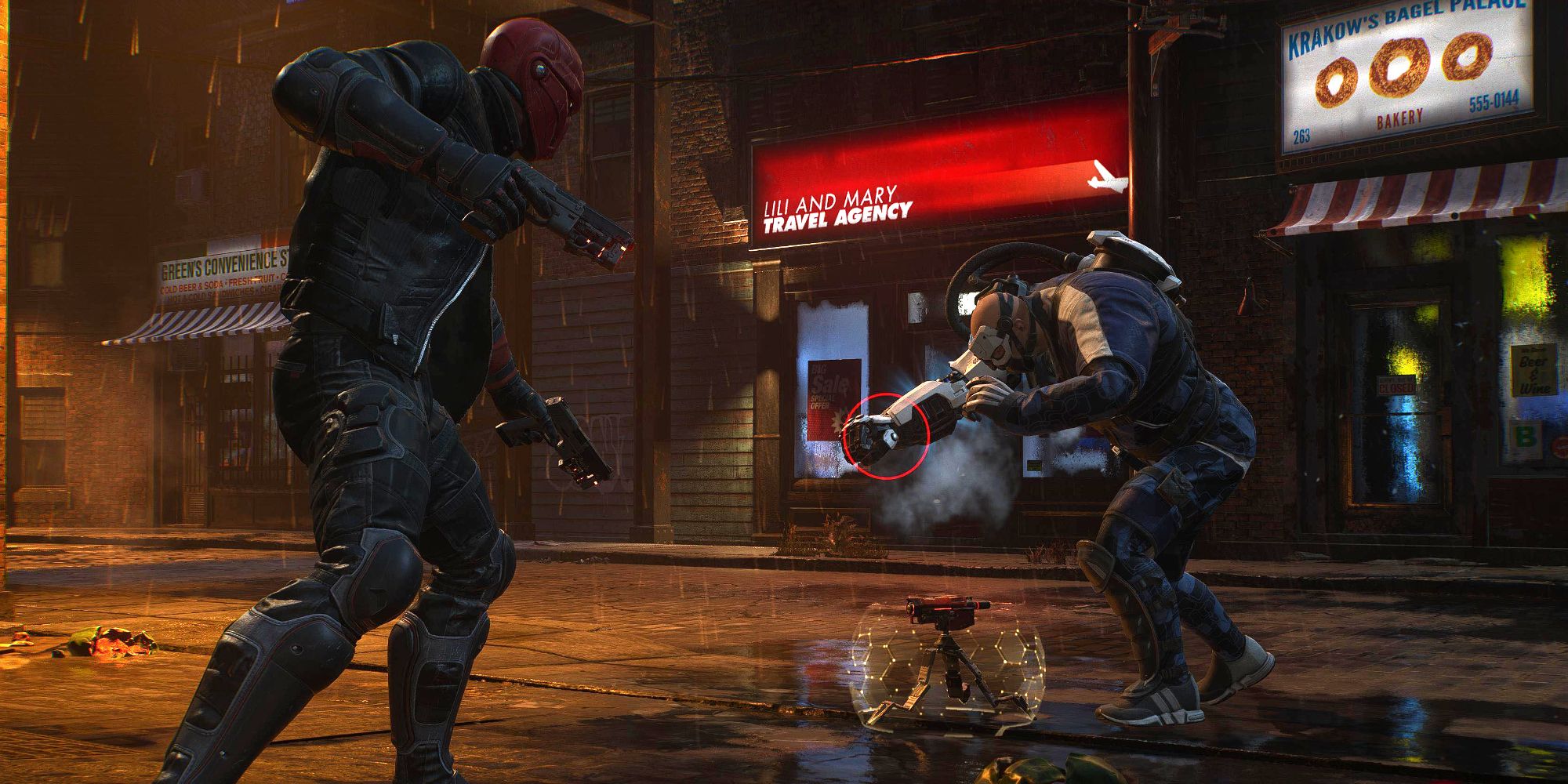 Red Hood deploying his portable turret in Gotham Knights (2022)