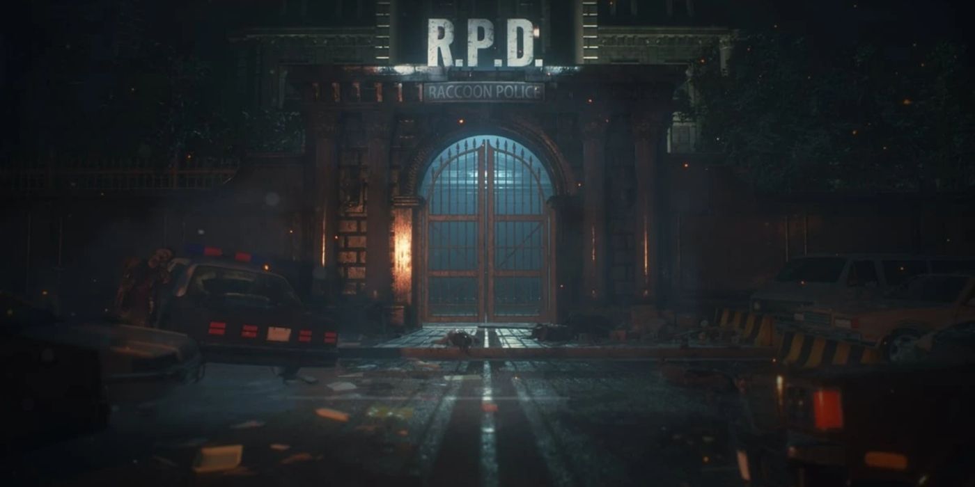 O portão da delegacia de Raccoon City em Resident Evil 2.