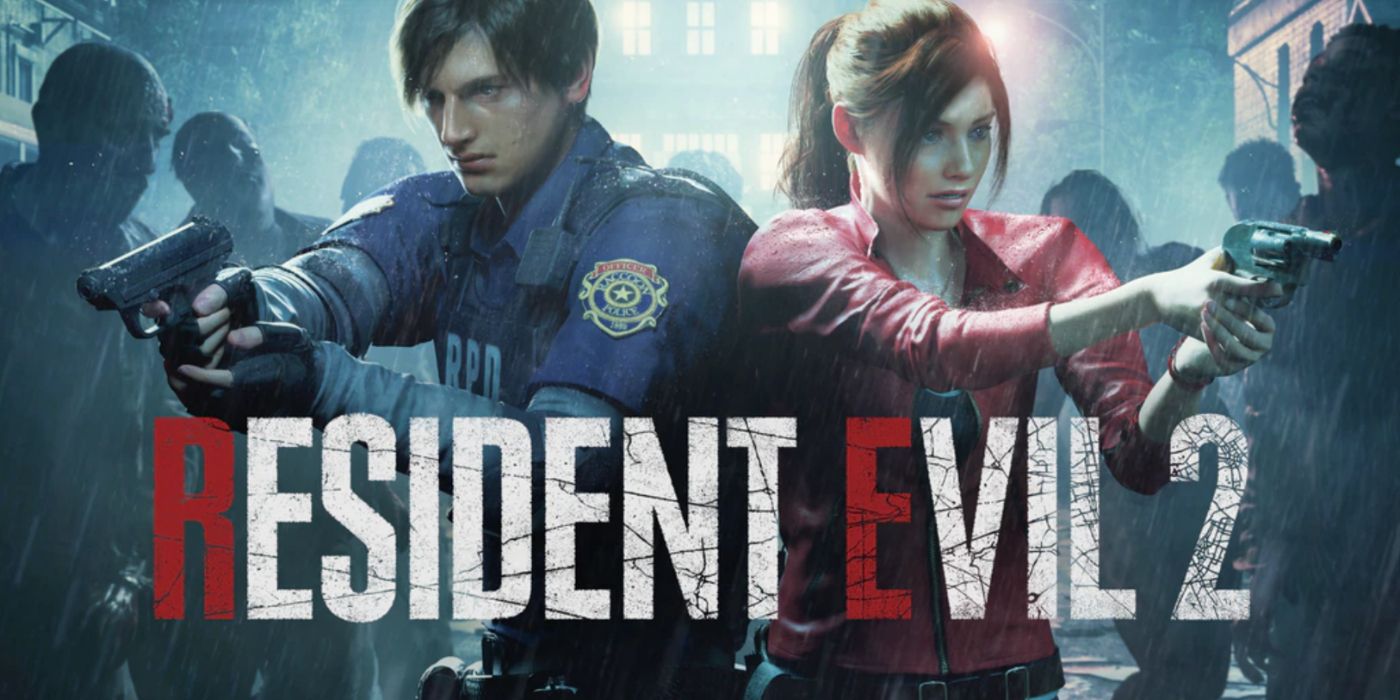 Resident Evil 2 key art featuring Leon and Claire aiming their guns at a zombie swarm.