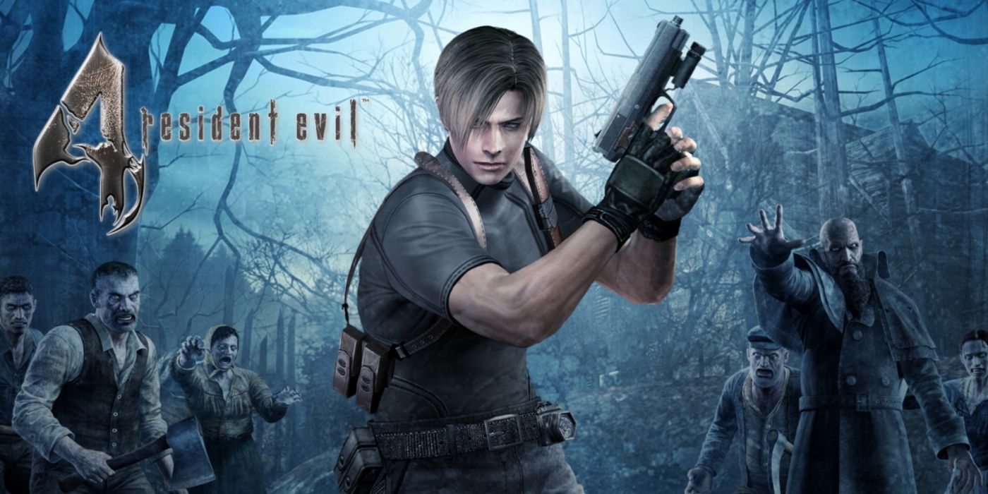 Arte chave de Resident Evil 4 HD com Leon brandindo sua arma cercado por aldeões infectados.