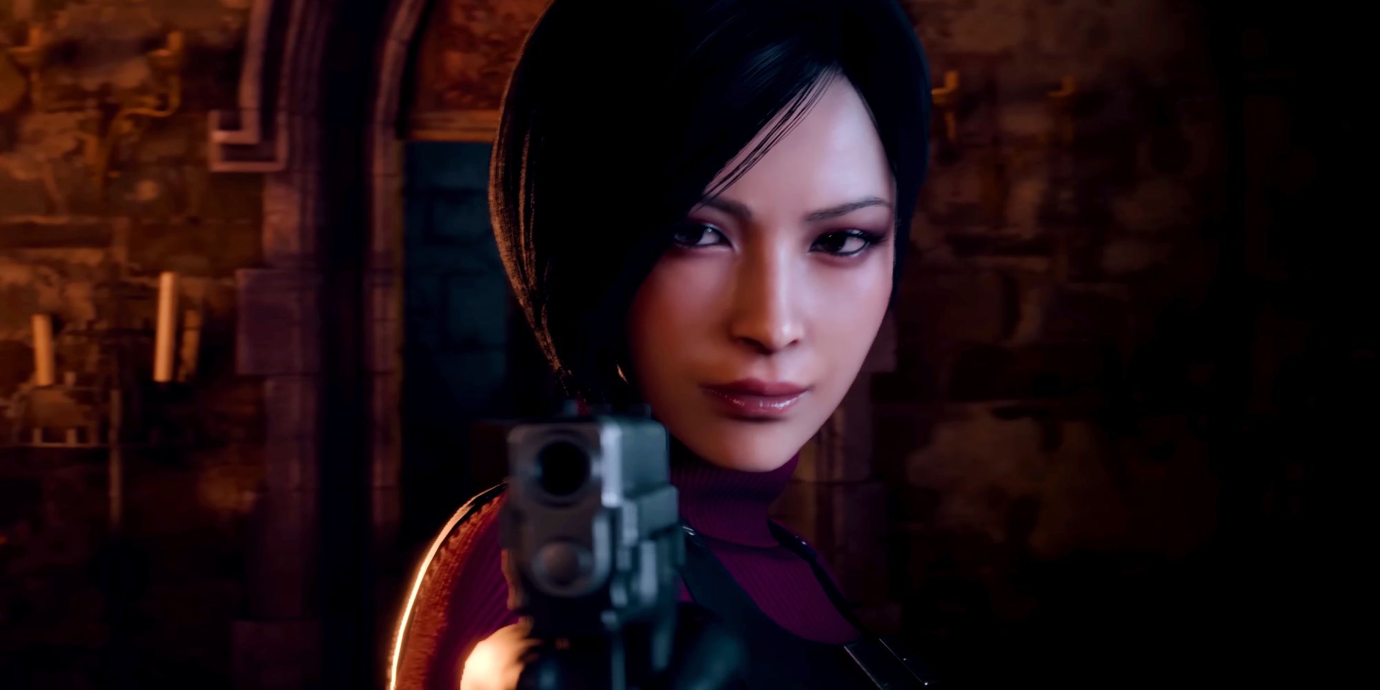 Ada Wong pointing a pistol at Leon Kennedy in a trailer for Resident Evil 4's remake.