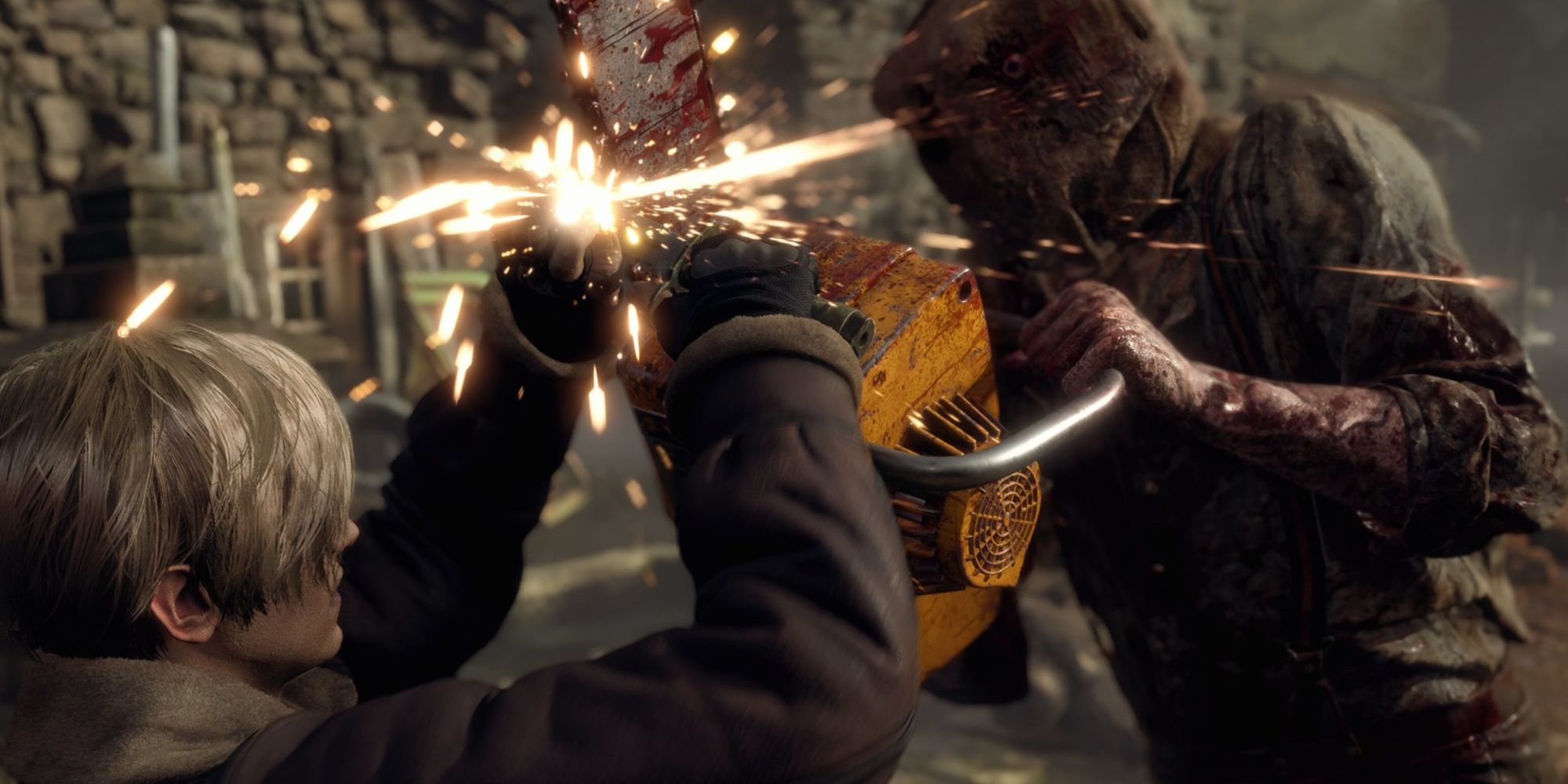 Leon parries a chainsaw with a gun in Resident Evil 4 Remake