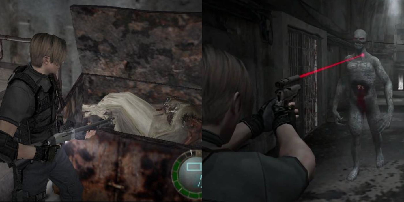 Imagem dividida de Leon ao lado da misteriosa bolsa branca e lutando contra um Regenerador em RE4.