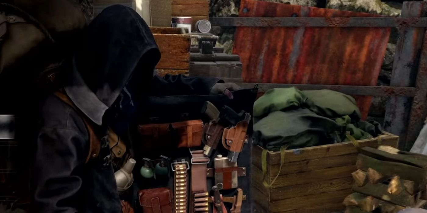 The merchant in Resident Evil 4 remake with his coat held open