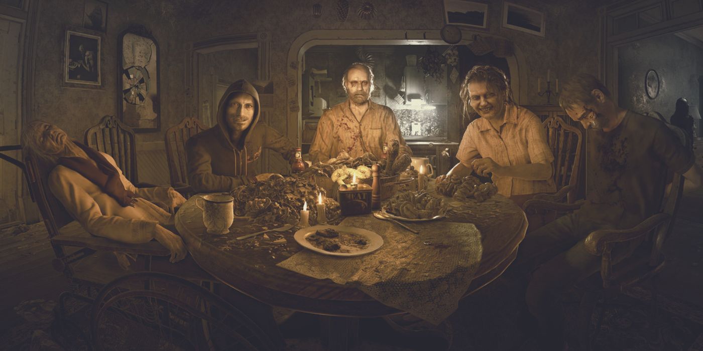 An in-game screenshot of the Baker family sat around the dinner table from Resident Evil 7 Biohazard.