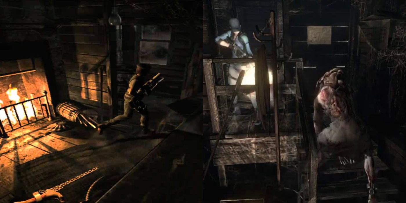 Split image of Jill in the Cabin and facing off against the mutated Lisa Trevor.