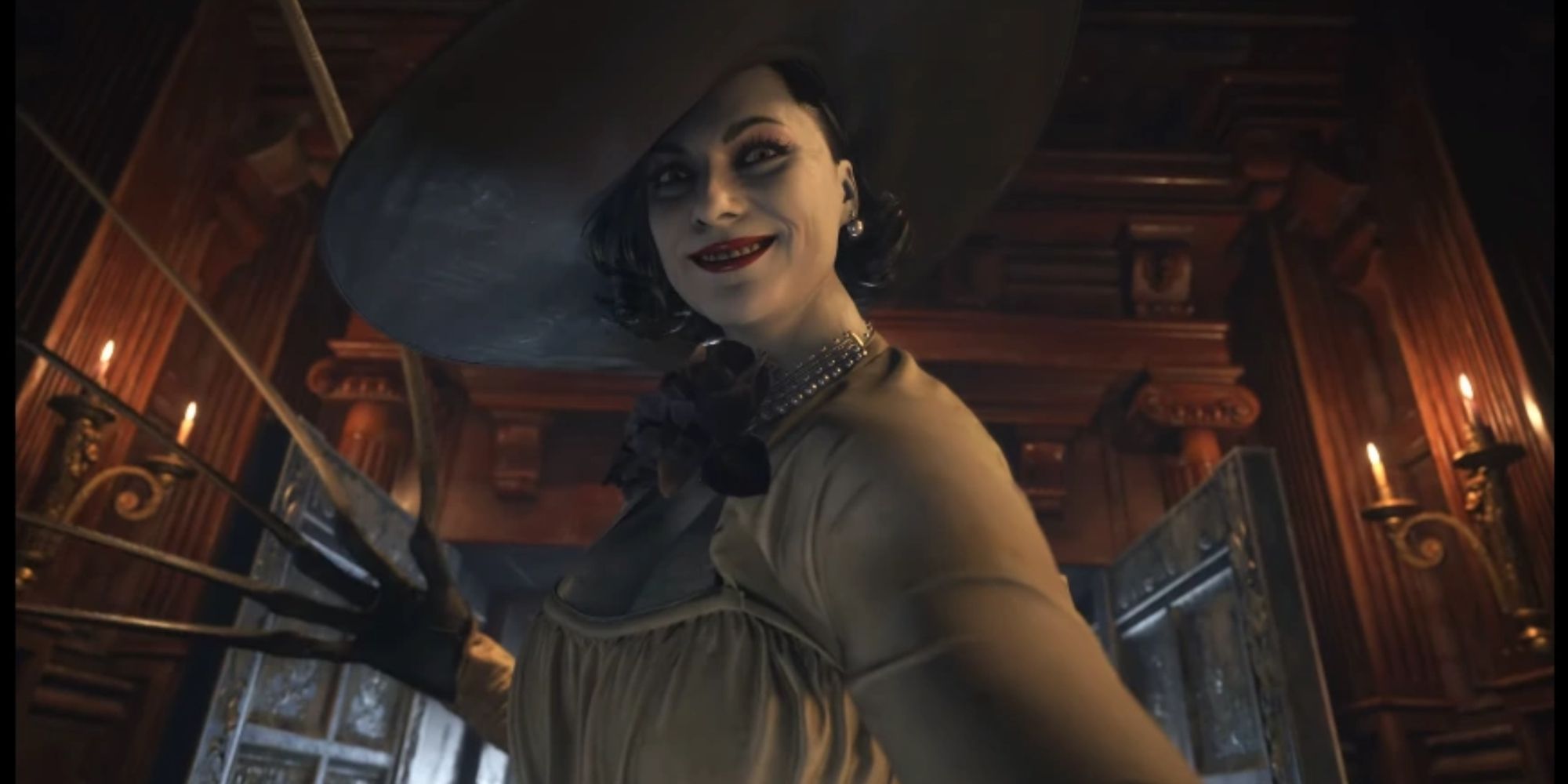Image of Lady Dimitrescu in Resident Evil Village. The pale vampire villain has her fingers extended into blades, ready to strike with a sinister grin.