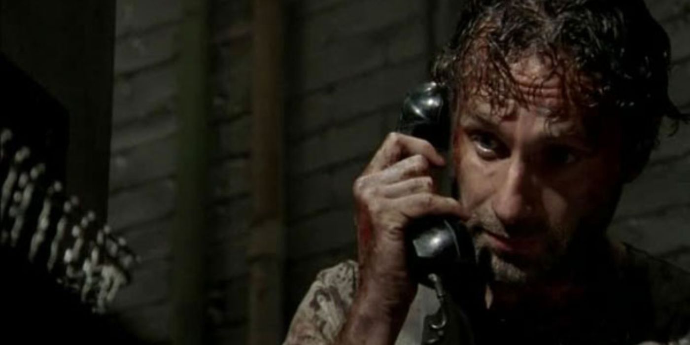 Rick talking on the phone in The Walking Dead. 