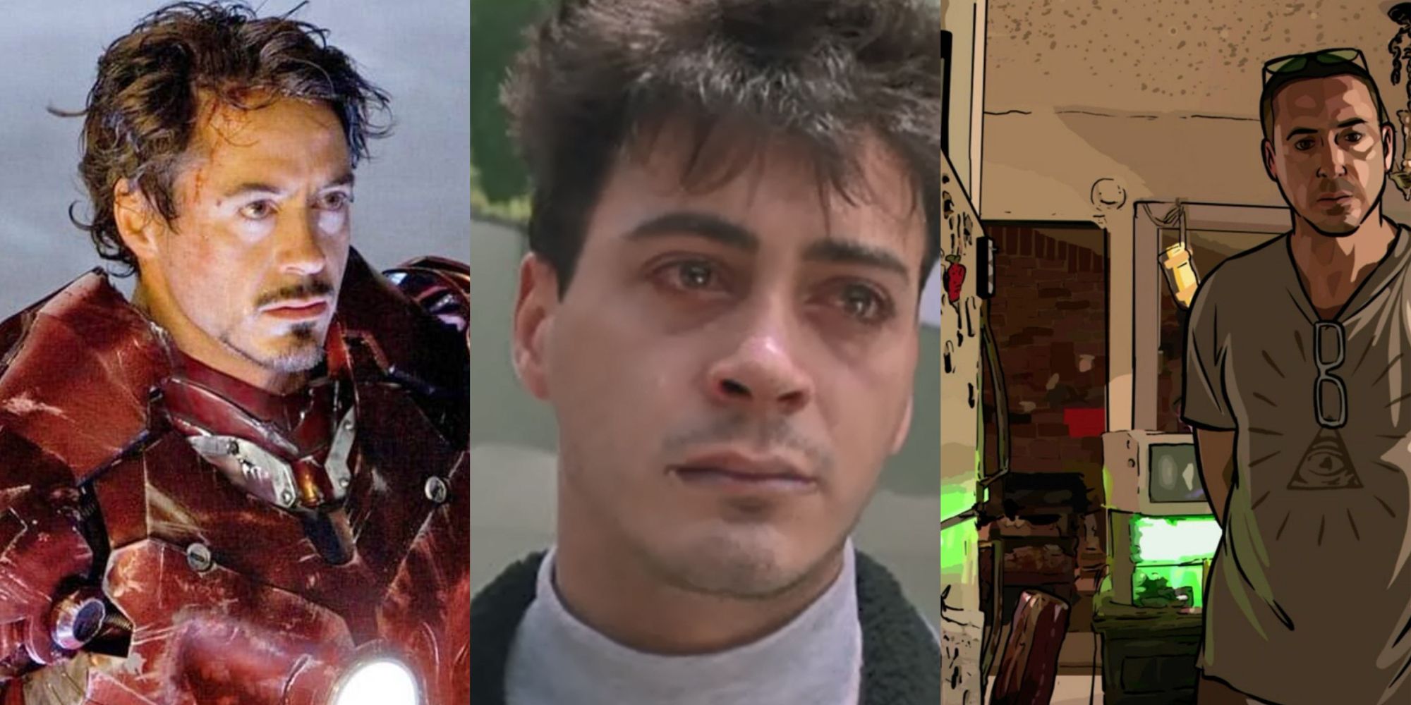 Robert Downey Jr in A Scanner Darkly, Less Than Zero, and Iron Man