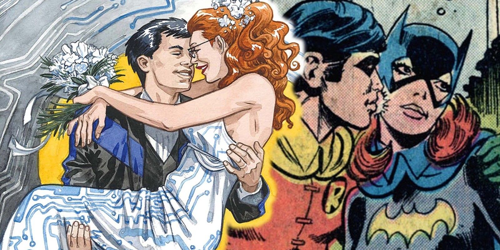 A blended image features Dick Grayson and Barbara Gordon marrying as well as in their classic Robin and Batgirl costumes