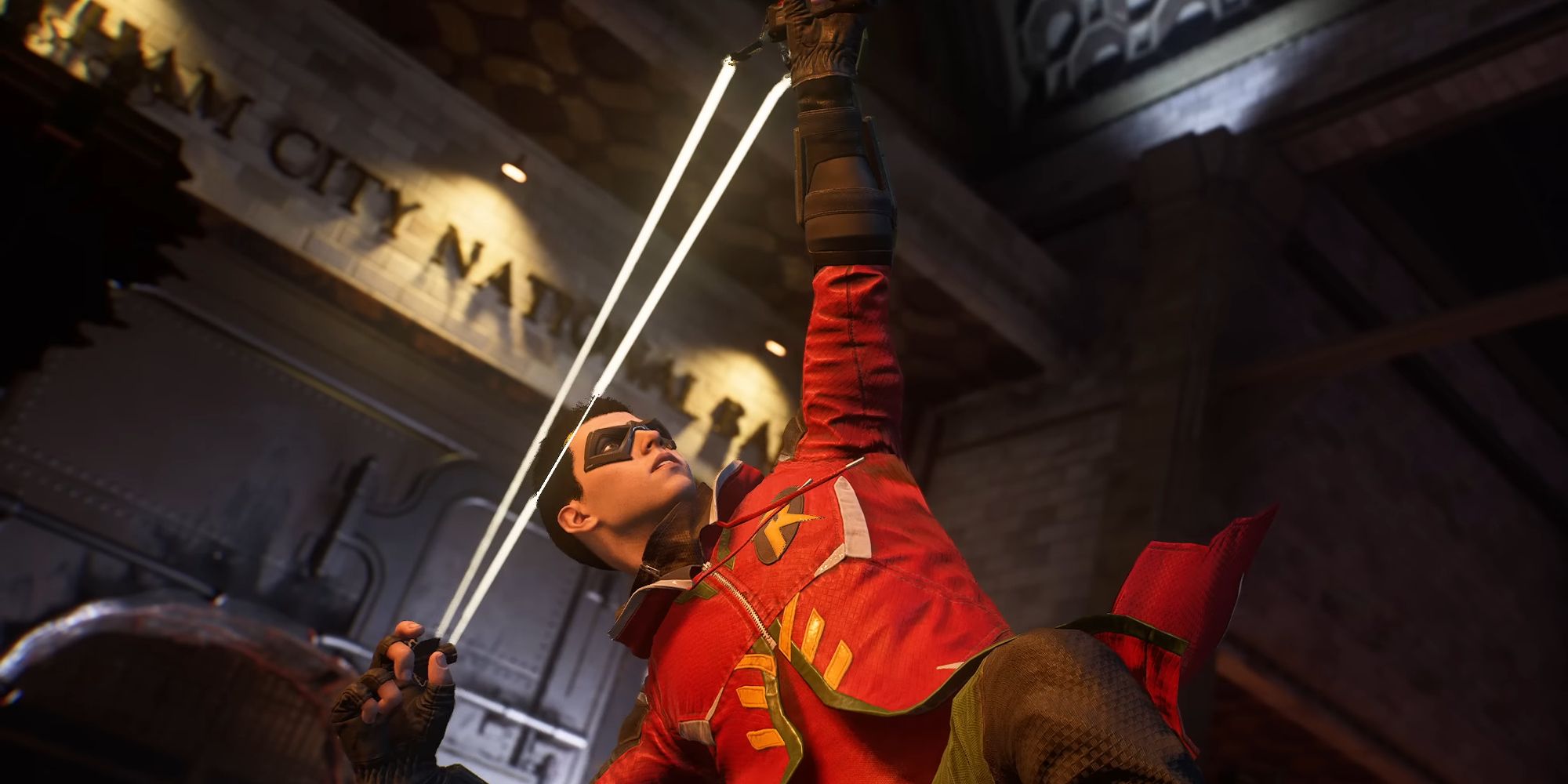 Robin mirando seu estilingue no ar em Gotham Knights (2022)