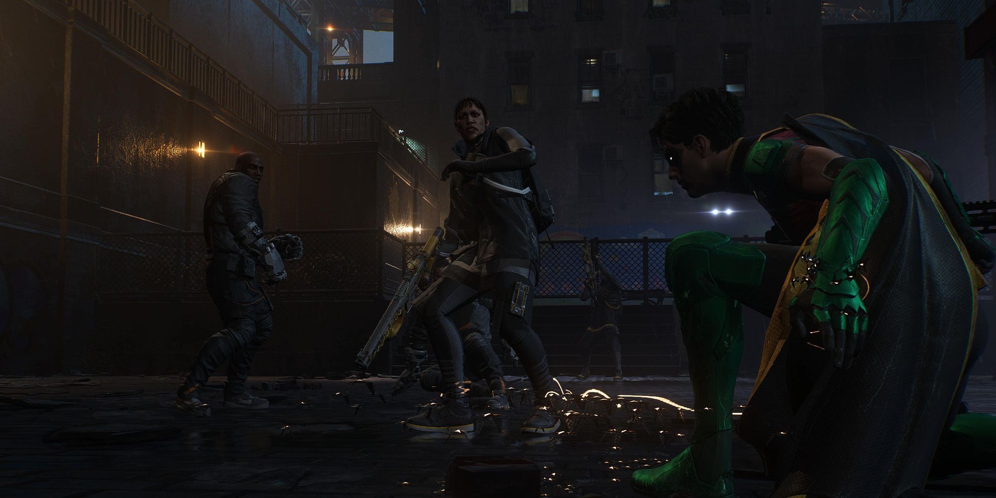 Robin enviando seus Microbots contra Reguladores em Gotham Knights (2022)