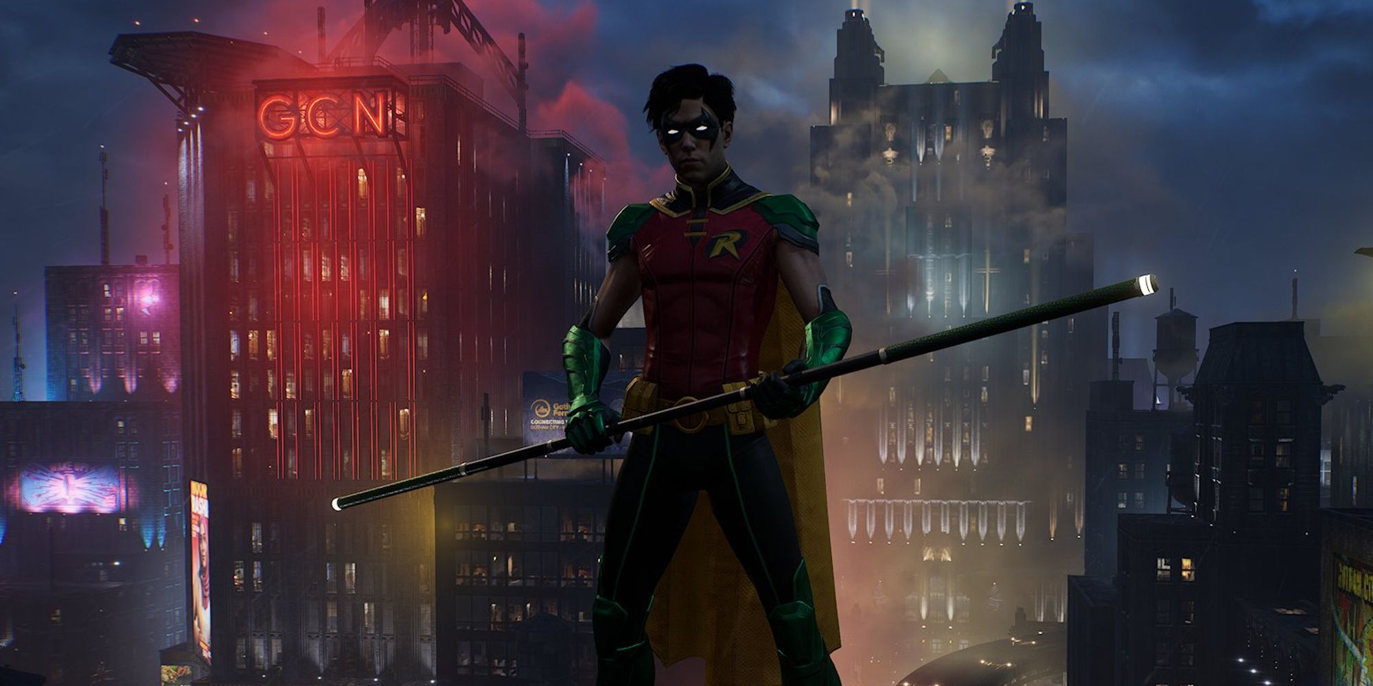 Robin empunhando seu cajado em um telhado em Gotham Knights (2022)