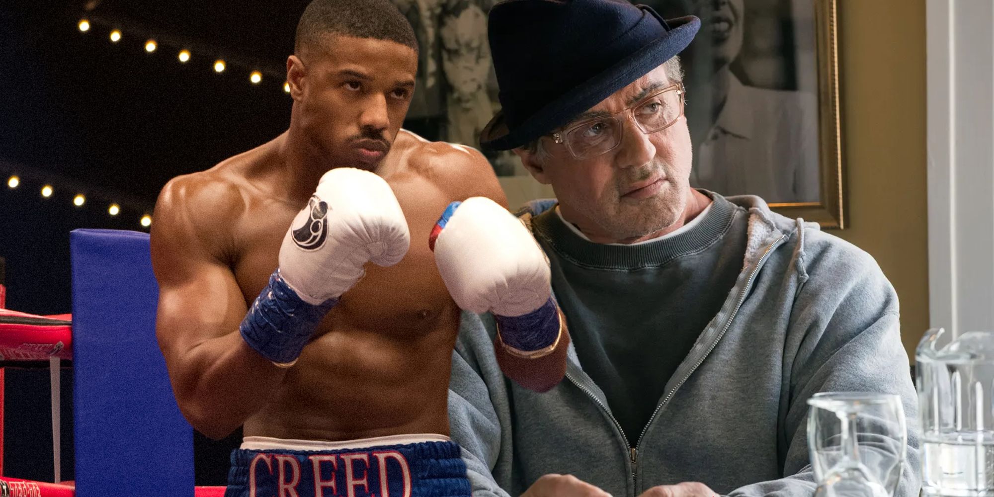 Blended image of Adonis with his boxing gloves on a pit and a serious looking Rocky in the Creed movies