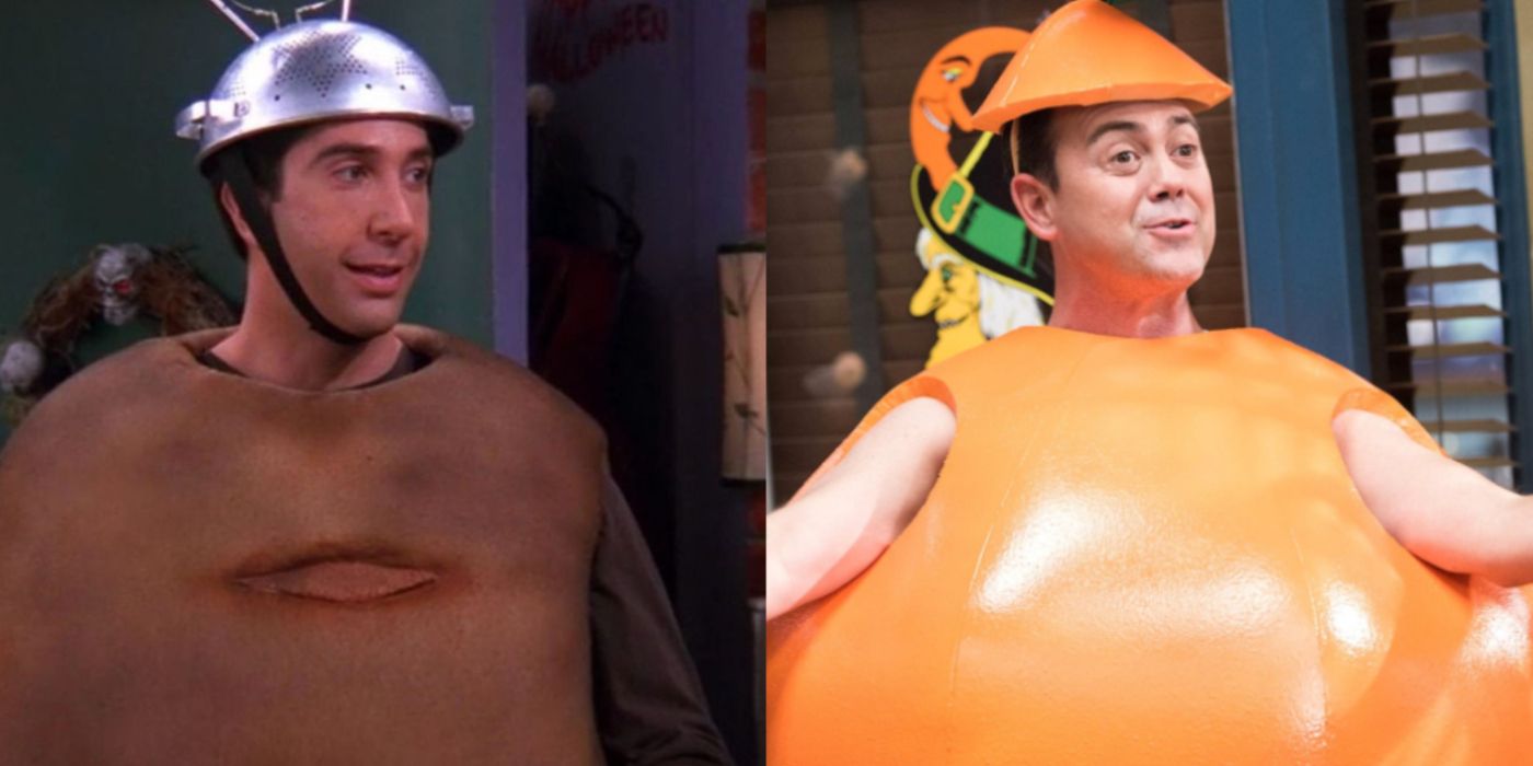 Ross from Friends dressed as potato and a satellite hat and Charles from Brooklyn 99 dressed as an orange